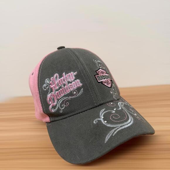 Harley-Davidson Accessories - Retro Harley-Davidson Pink Gray Embroidered Adjustable Baseball Cap Women’s